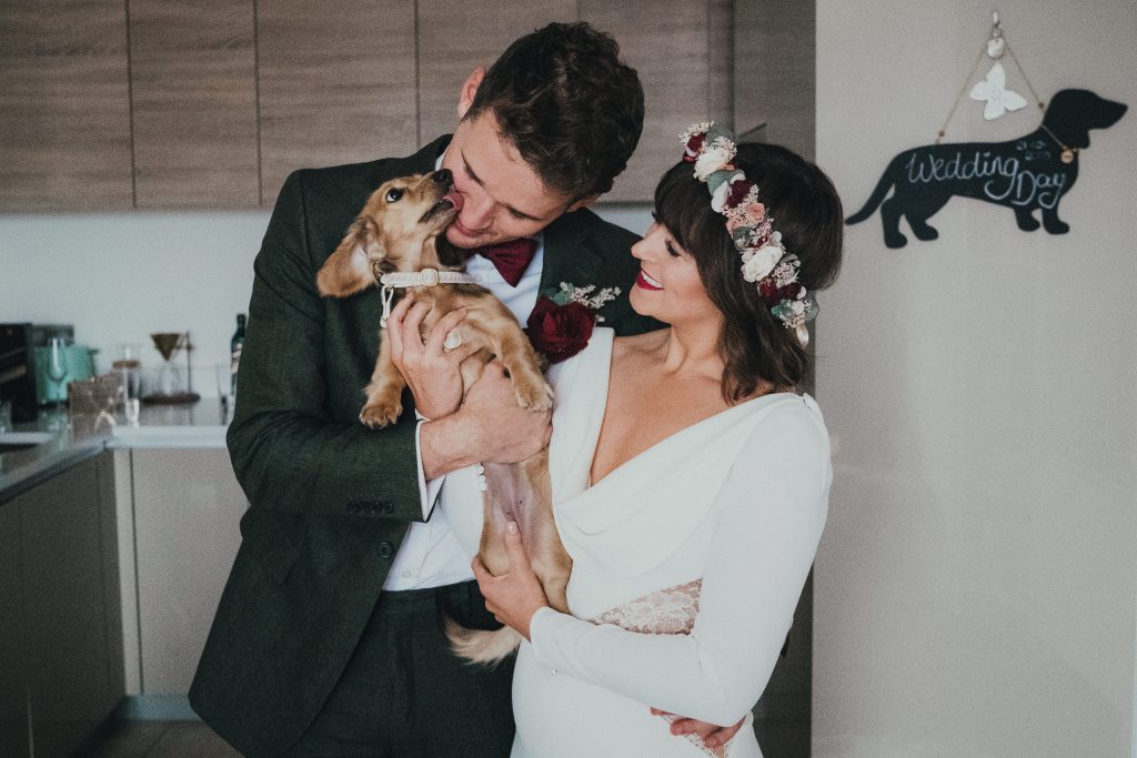 Bride and groom and miniature dachsund