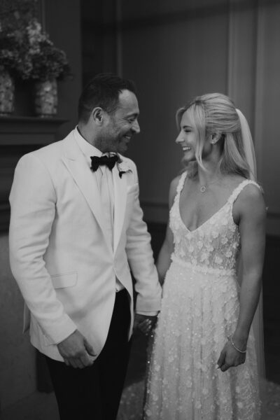 Bride and groom sharing a joyful moment