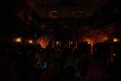 Elegant party with dim lighting and decorations.