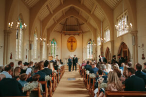 Wedding ceremony in church with guests and groom waiting.