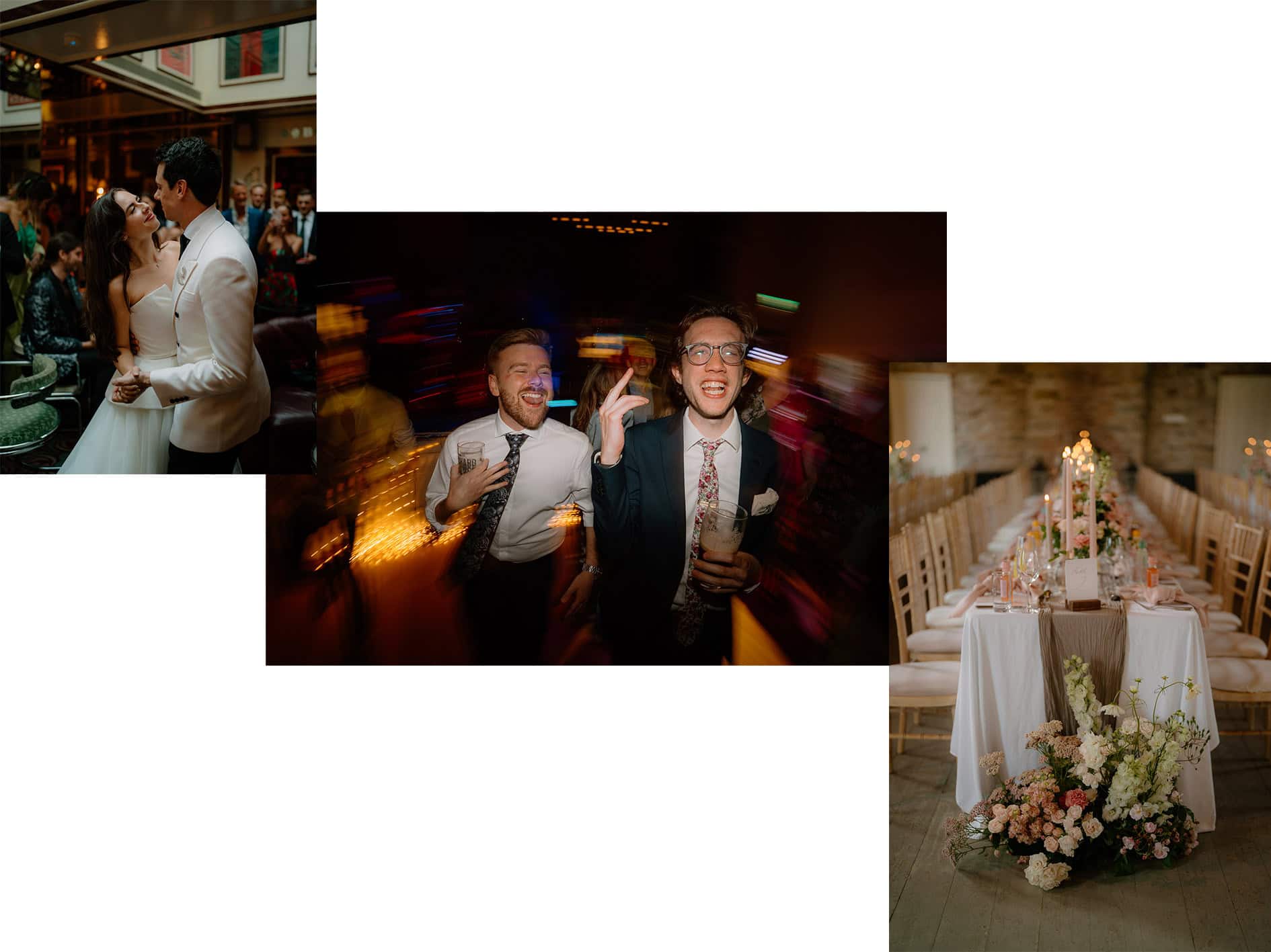 Wedding celebration with dancing and elegant table setting.