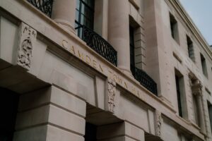 Camden Town Hall facade with architectural details.