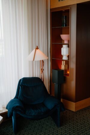 Modern lounge chair with lamp and display shelf