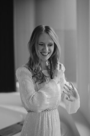 Smiling woman in elegant dress