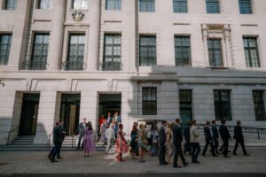 People leaving Camden Town Hall building