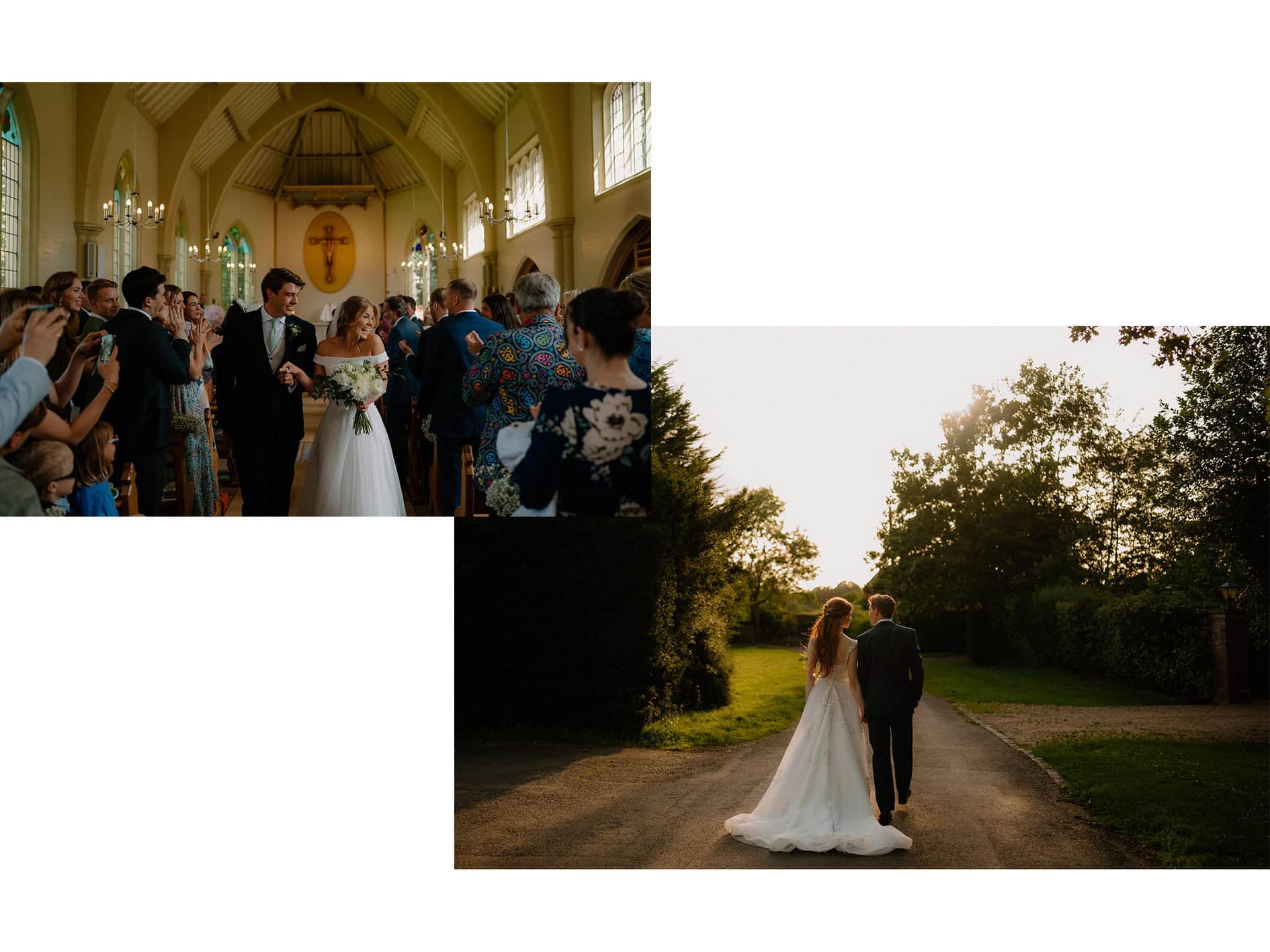 Bride and groom in church and sunset walk