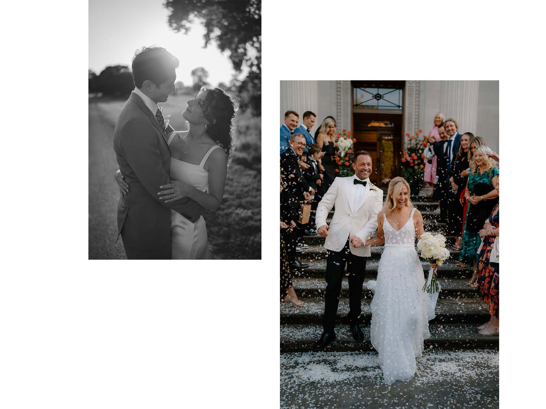 Couples celebrating weddings with laughter and joy.