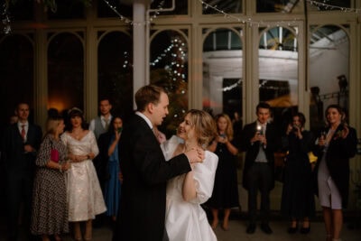 Couple dancing at a wedding reception.