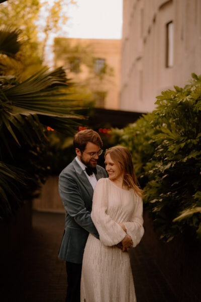Couple embracing in scenic outdoor setting